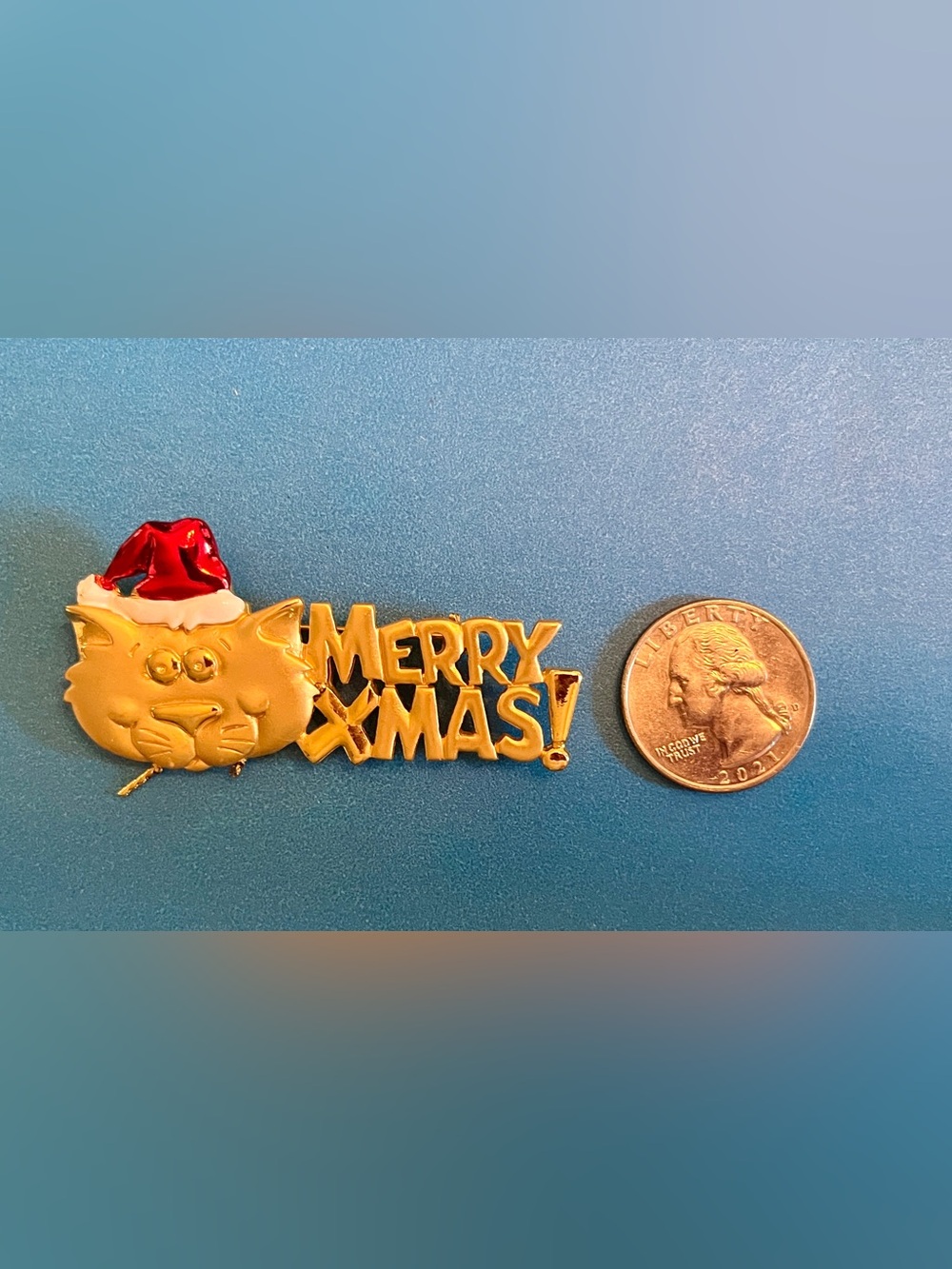 Gold Cat 'Merry XMAS!' Holiday Pin with Red Santa Hat
